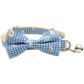 Blue gingham pet collar with white daisy print, bow tie and silver bell for cats and dogs - Bowknot Style / Blue Daisy Gingham
