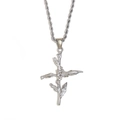 Silver liquid metal cross pendant necklace with a textured gothic botanical design - December / Steel