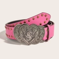 Punk lederen riem in roze met gouden noppen en vintage zilveren dubbele hartgesp op wit - Rozerood