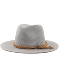 Grey straw fedora sun hat with brown leather band and metallic tassels for summer style - M (56-58cm) / Gray