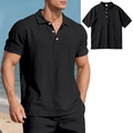 Detail of black linen polo shirt with three-button placket and classic turn-down collar - S / Black