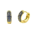 Macro shot of gold S925 sterling silver huggie earrings with triple rows of blue cubic zirconia - Gold With Dark Blue Zirconia