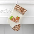 Beige Christmas stocking with brown plaid and festive train motif on a white fireplace - Khaki