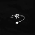 Adjustable silver letter R ring with pavé stones and a single round solitaire diamond - Letter R