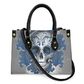 Grey tote bag with blue floral skull print and black leather handles for women - Blue Textured Skull - Black Strap