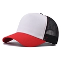 Detail of red visor and white crown cotton mesh baseball cap with breathable black mesh - Adjustable / Red & White Mesh