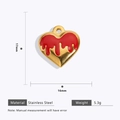 Detail of red enamel heart pendant in 18k gold plated stainless steel with dimensions - Red Heart / Liquid Enamel