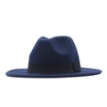 Classic dark blue wool felt fedora hat with wide brim and black ribbon decoration - M (56-58cm) / Navy Blue