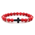 Red mineral bead bracelet for men with a black cross charm and silver spacers - Red Turquoise