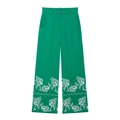 Pantalon large en lin vert avec broderie cachemire blanche sur le bas de jambe - XS / Pantalon Vert