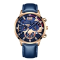Montre à quartz pour hommes avec boîtier doré, cadran bleu et bracelet en cuir bleu - Boîtier or rose bracelet en cuir bleu