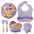 8-piece purple silicone baby feeding set with suction bowl, plate, and wood handle cutlery - 6-Piece Set with Wooden Handle / Purple