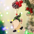 Wooden Christmas gnome pendant with green plaid hat and candy cane on a festive tree - Style 1