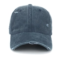 Distressed dark blue washed denim baseball cap with vintage ripped details and curved brim - Adjustable / Navy Blue