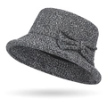 Chapeau cloche en tweed noir et blanc pour femme avec un nœud décoratif latéral - Taille unique / Gris