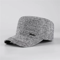 Close-up of grey plaid flat top cadet hat with metal brand tag and warm tweed fabric - Adjustable / Light Gray