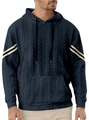 Detail of navy cable knit texture and contrasting sleeve stripes on men's hoodie - S / Navy Blue