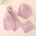Detailed view of soft pink knitted baby winter set including hat, scarf and mittens - Hat Scarf And Gloves / Pink