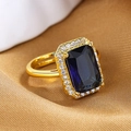 Vintage rectangular sapphire blue stone cocktail ring with halo diamonds on gold band - Gold (Dark Blue Stone)