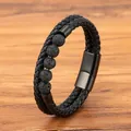 Bracciale da uomo in pelle nera intrecciata con pietre laviche e chiusura magnetica in metallo - 19cm / Nero/Pietra lavica