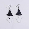 Halloween wizard hat and white ghost acrylic drop earrings with classic black finish - Ghost with Witch Hat