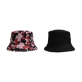 Side-by-side view of a pink camouflage bucket hat and a classic solid black outdoor sun hat - Wine Red & Pink Camo