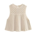 Detail of cream white knit vest featuring hollow pattern and back collar button closure - S / Tops / Beige