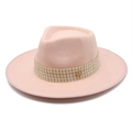 Pink wool fedora hat with wide brim featuring gold M logo and woven ribbon trim - M(56-58cm) / Pink
