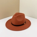Caramel wool fedora hat with wide flat brim and black leather belt with gold buckle - M(57cm) / Caramel (Black Metal Buckle)