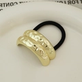 Minimalist golden hammered metal hair tie with high-elasticity black rubber band accessory - Double Layer Pleated Gold