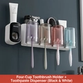 Wall-mounted toothbrush holder with four colorful cups and automatic toothpaste dispenser - 4-Cup Set + Black Dispenser