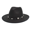 Classic black wool fedora hat with a studded leather belt and vintage wide brim - M (56-58cm) / Black