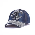 Dark blue denim baseball cap with heavy rhinestone decoration and adjustable back strap - 20-Full Rhinestone Strip-Dark Blue