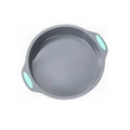Grey heat-resistant silicone cake mold with turquoise non-slip handles for baking - 9 Inch Round Cake Pan