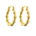Detail view of golden bamboo style hoop earrings with a polished finish and hinged closure - Gold Bamboo Hoop