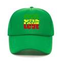 Detail of green mesh trucker hat featuring Rasta color One Love print and foam front - M (56-58cm) / Emerald Green