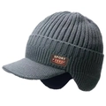 Winter men's thermal knit hat with ear flaps and visor in a grey thick wool blend - Knit Beanie With Visor / Thick Double Layer (Non-fleece) Gray