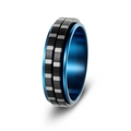 Modern black rotatable spinner ring with blue interior and silver geometric gear pattern - Inner Blue + Outer Black