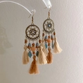 Close-up of bohemian drop earrings with bronze metal, colorful beads and soft tassels - 13# Hook Gold-Coffee