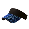 Women's black sun visor hat with sparkling blue rhinestones on the wide brim - Black + Blue AB Rhinestones