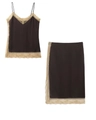 Two-piece dark brown satin set with beige lace trim including camisole and midi skirt - XS / Dark Coffee Top And Skirt
