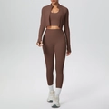 Three-piece yoga set with deep brown zip jacket, sports bra and high-waisted leggings - S / Chestnut Brown