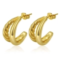 Close-up of gold double-layer C-shaped earrings with smooth and twisted metal tubes - Gold Double Row Twisted Style (3)