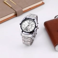Silver stainless steel chronograph watch featuring a white dial with tachymeter scale detail - Silver Band White Dial