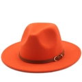 Detail of bright orange wool fedora featuring a classic brown leather band with gold buckle - Orange Yellow
