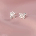Silver-plated filigree butterfly stud earrings with screw back on pink silk - Hollow Filigree Butterfly Style (A3)