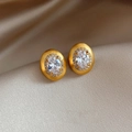 Elegant gold oval earrings with brushed metal finish and sparkling center crystals - Brushed Gold Oval with Zircon (6#)