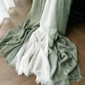 Green and white gradient linen blend scarf with soft fringe on a wooden floor - 1511 Avocado Green + White