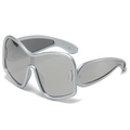 Y2K futuristic oversized shield sunglasses with silver metal frame and gray lenses - Silver Frame Silver Mirror Lens