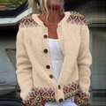 Beige 3D digital print cardigan with ethnic geometric patterns on sleeves and hem - S / Tops / Beige Geometric